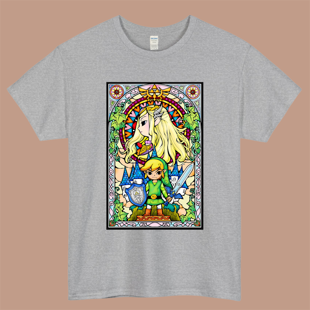 Nintendo Zelda Link & Princess Stained Glass Logo Mens Unisex Short Sleeve Gray T-Shirt Size S-3XL