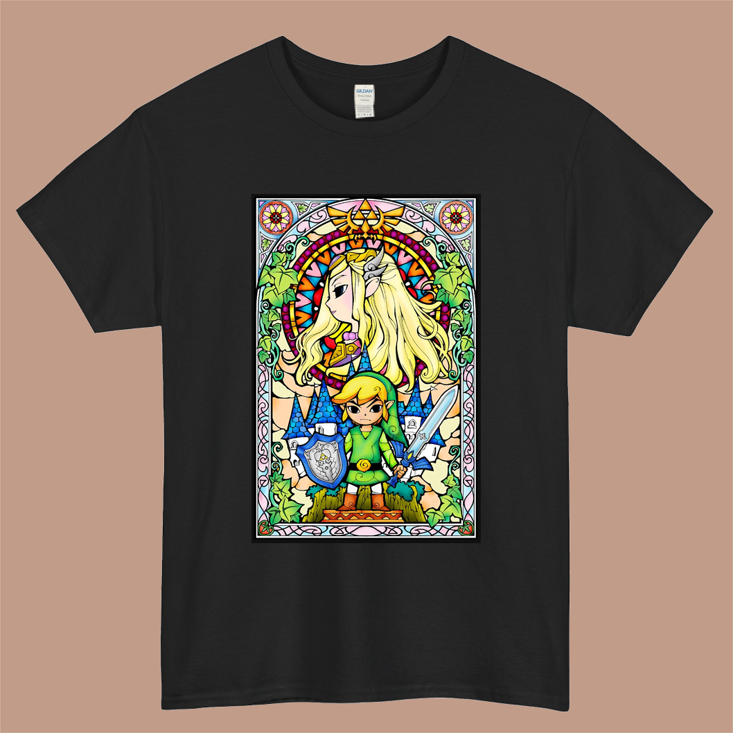 Nintendo Zelda Link & Princess Stained Glass Logo Mens Unisex Short Sleeve Black T-Shirt Size S-3XL