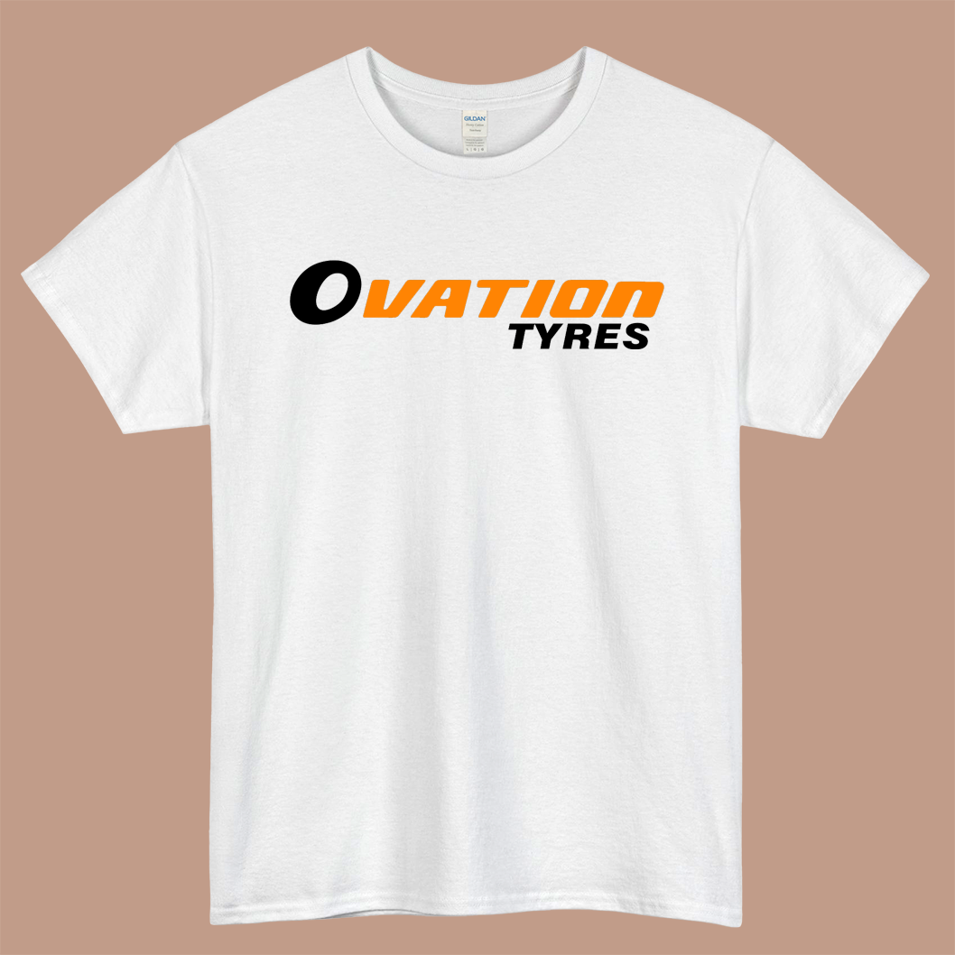 OVATION Tyres Logo Mens Unisex Short Sleeve White T-Shirt Size S-3XL
