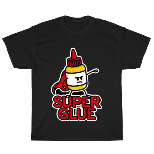 Super Glue! Cute Superhero Glue Pun Active Logo Mens Unisex Short Sleeve Black T-Shirt Size S-3XL