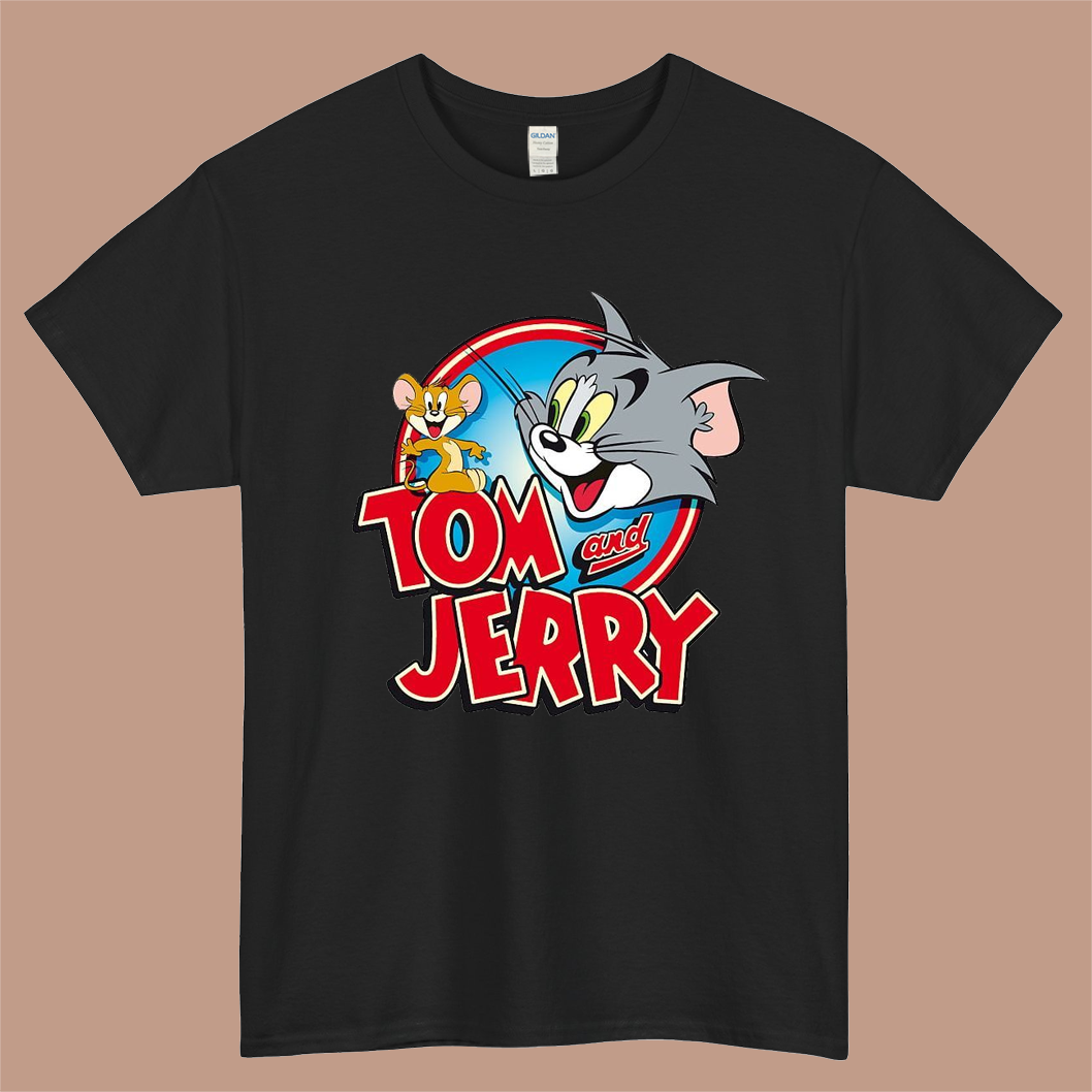 Tom Cat Jerry Mouse Tom And Jerry Logo Mens Unisex Short Sleeve Black T-Shirt Size S-3XL