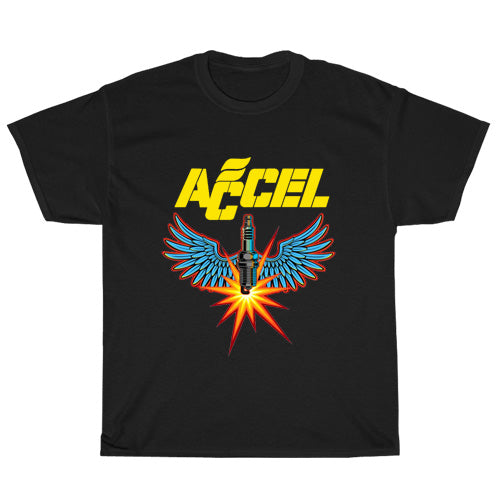Accel Spark Plugs Active logo Mens Unisex Short Sleeve Black T-Shirt Size S-3XL