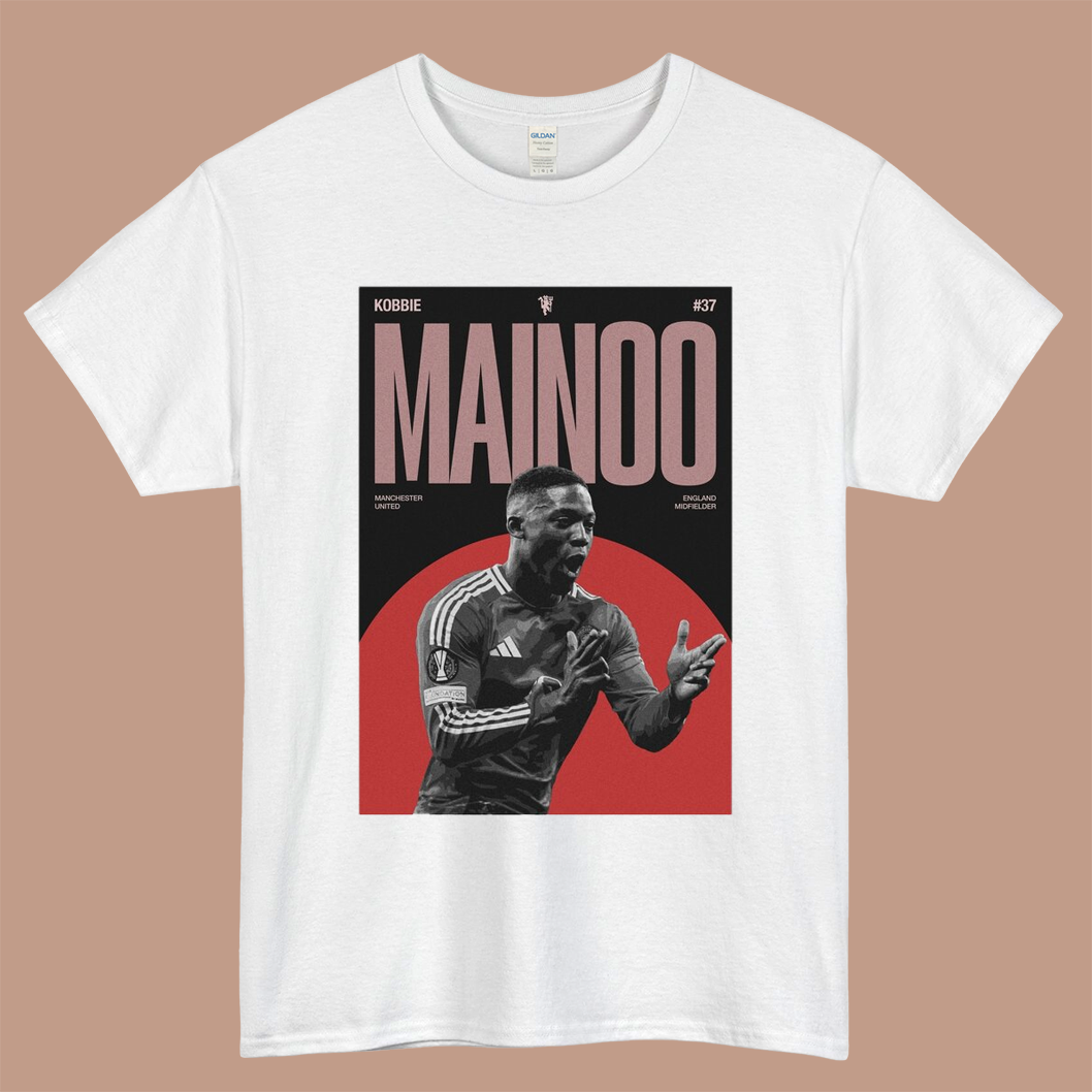 Kobbie Mainoo Manchester United Poster Logo Mens Unisex Short Sleeve White T-Shirt Size S-3XL
