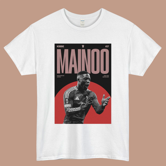 Kobbie Mainoo Manchester United Poster Logo Mens Unisex Short Sleeve White T-Shirt Size S-3XL