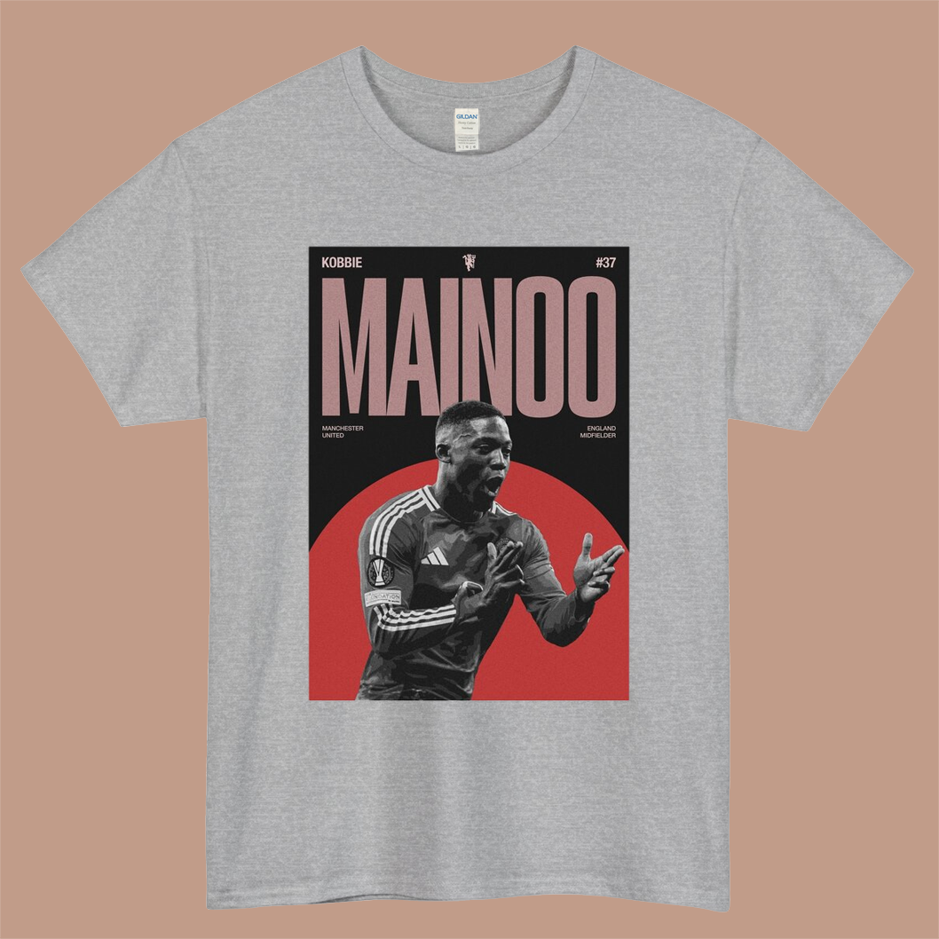 Kobbie Mainoo Manchester United Poster Logo Mens Unisex Short Sleeve Gray T-Shirt Size S-3XL