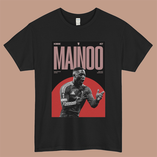 Kobbie Mainoo Manchester United Poster Logo Mens Unisex Short Sleeve Black T-Shirt Size S-3XL