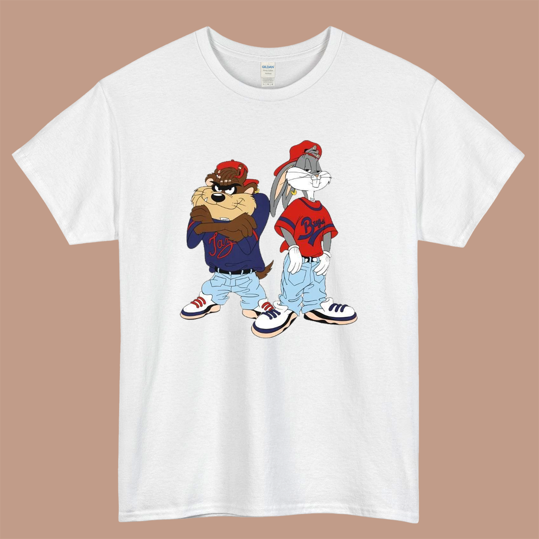 Looney Tunes Bugs Bunny and Tazmanian Logo Mens Unisex Short Sleeve White T-Shirt Size S-3XL