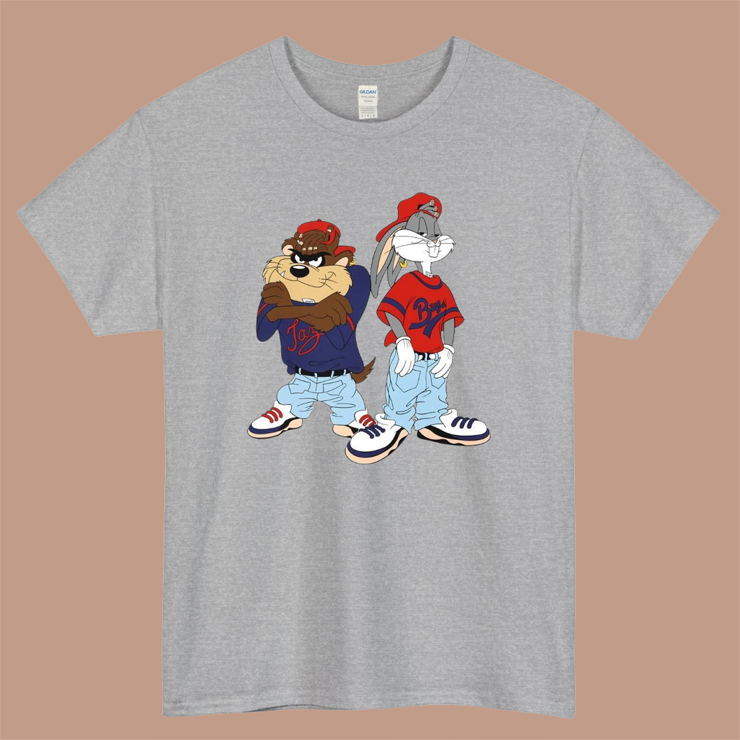 Looney Tunes Bugs Bunny and Tazmanian Logo Mens Unisex Short Sleeve Gray T-Shirt Size S-3XL