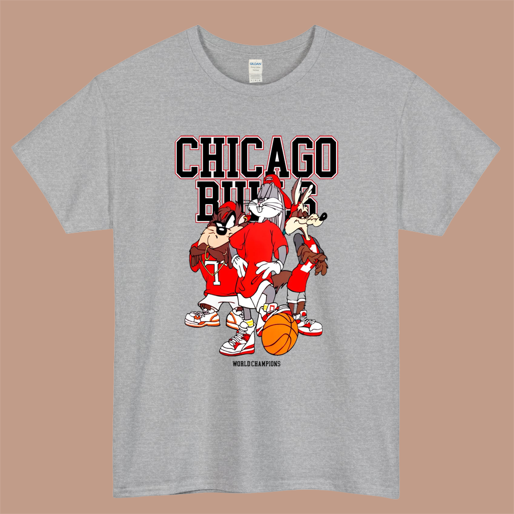 Looney Tunes Chicago Bulls Logo Mens Unisex Short Sleeve Gray T-Shirt Size S-3XL