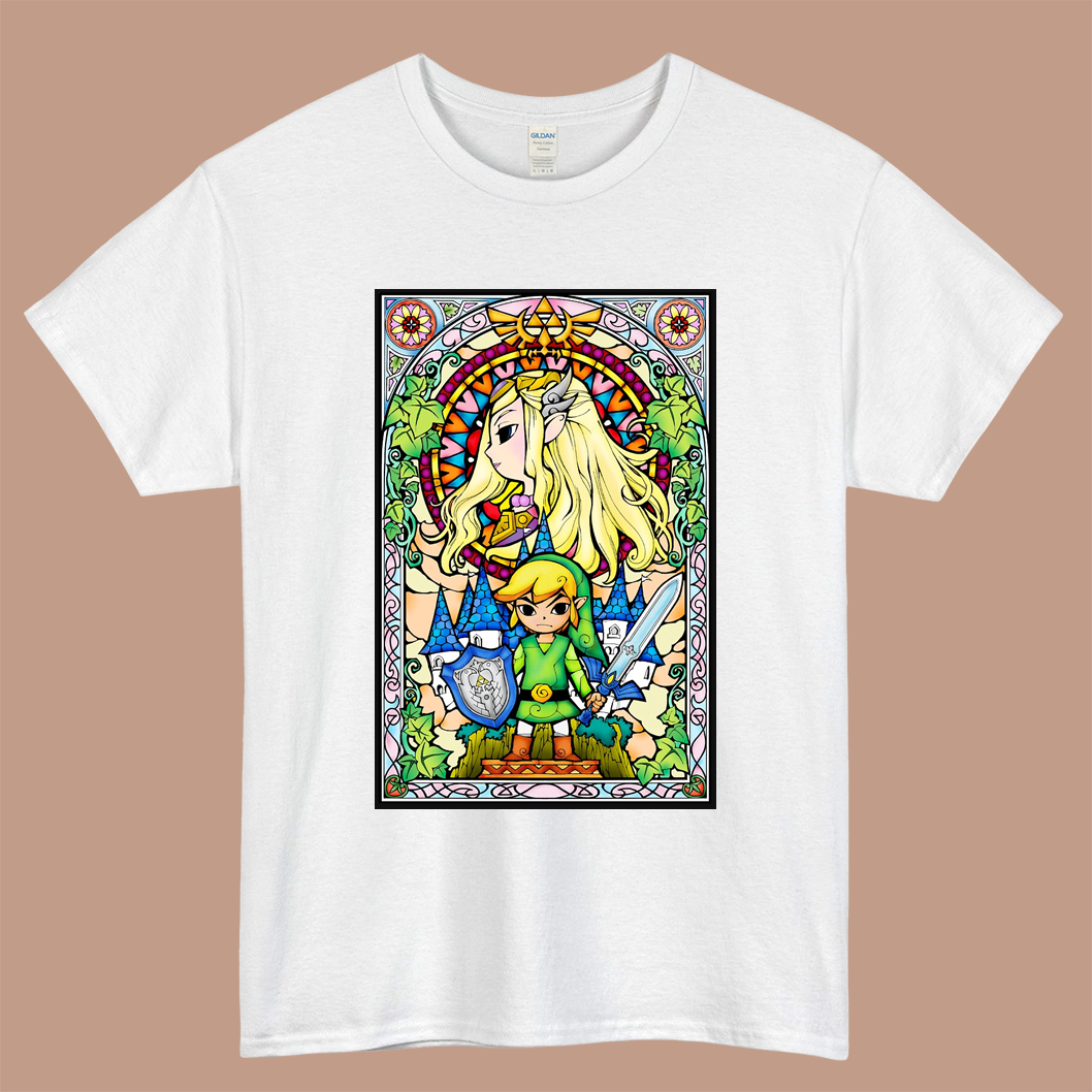 Nintendo Zelda Link & Princess Stained Glass Logo Mens Unisex Short Sleeve White T-Shirt Size S-3XL