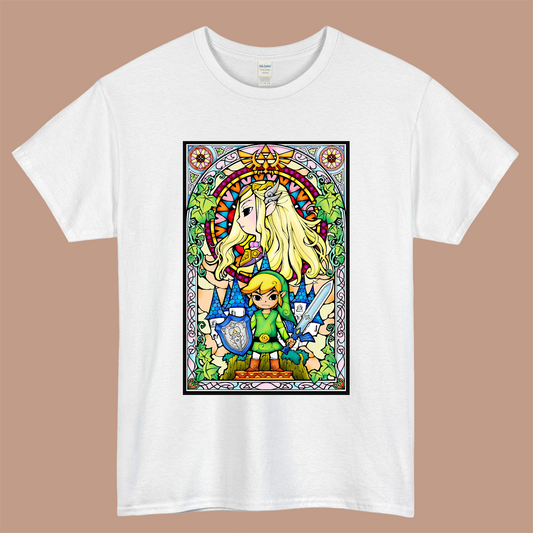 Nintendo Zelda Link & Princess Stained Glass Logo Mens Unisex Short Sleeve White T-Shirt Size S-3XL