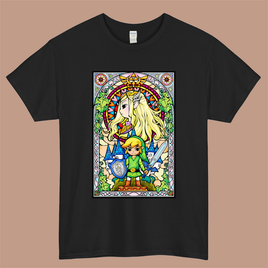 Nintendo Zelda Link & Princess Stained Glass Logo Mens Unisex Short Sleeve Black T-Shirt Size S-3XL