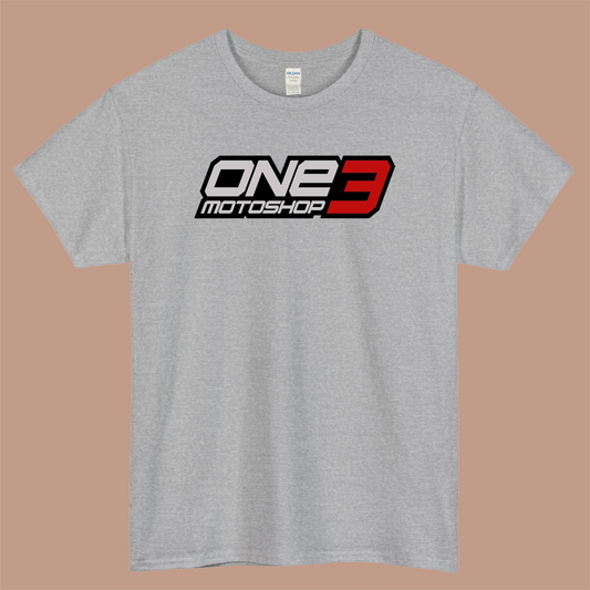 ONE 3 Motoshop Logo Mens Unisex Short Sleeve Gray T-Shirt Size S-3XL
