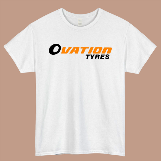 OVATION Tyres Logo Mens Unisex Short Sleeve White T-Shirt Size S-3XL