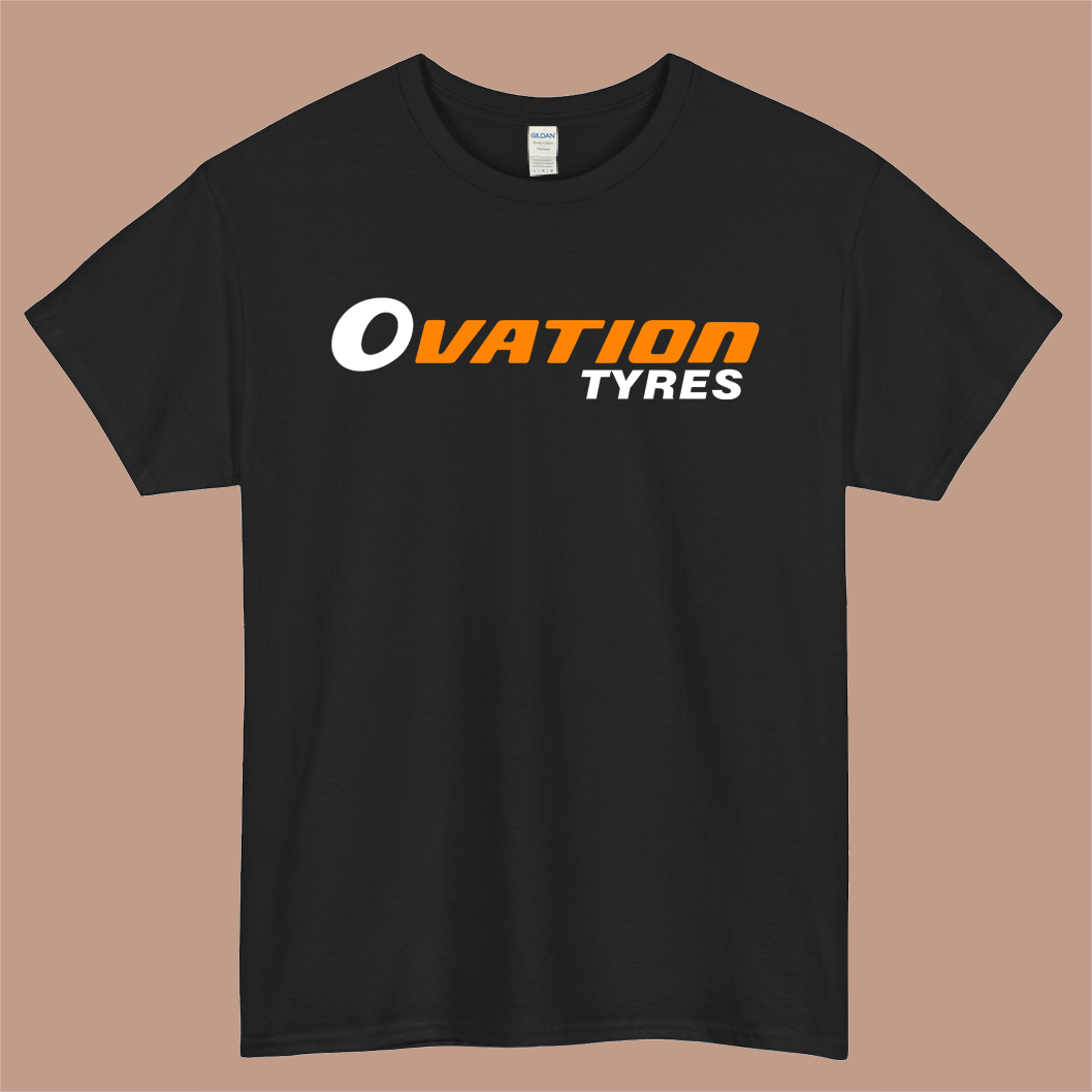 OVATION Tyres Logo Mens Unisex Short Sleeve Black T-Shirt Size S-3XL