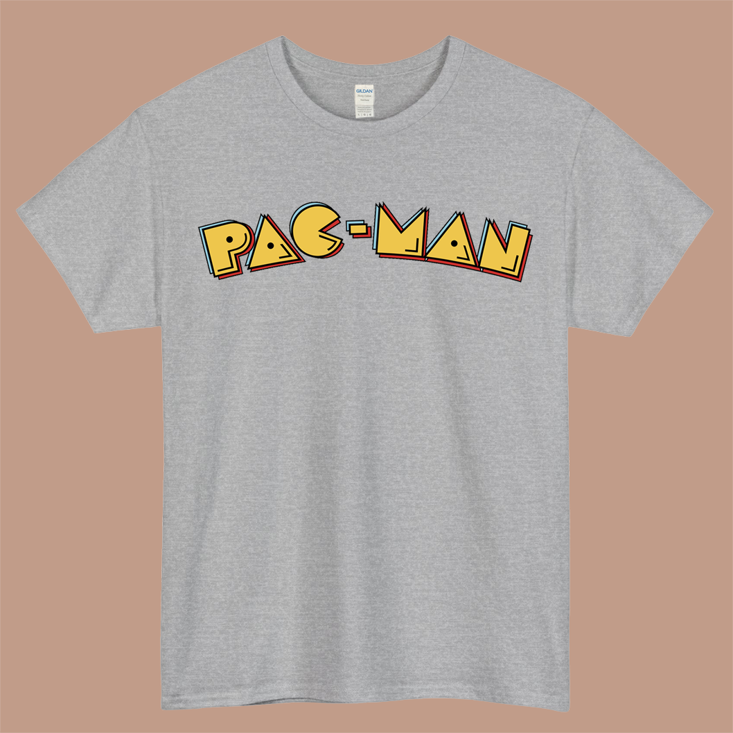 Pac Man Game Logo Mens Unisex Short Sleeve Gray T-Shirt Size S-3XL