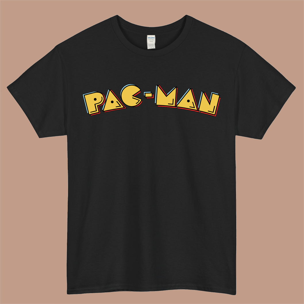 Pac Man Game Logo Mens Unisex Short Sleeve Black T-Shirt Size S-3XL