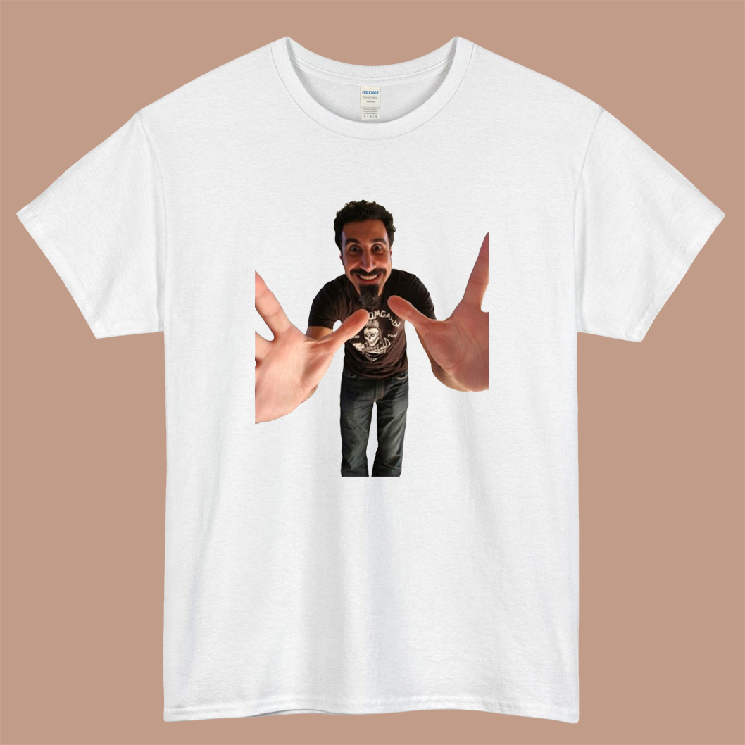 Serj Tankian Pose SOAD Logo Mens Unisex Short Sleeve White T-Shirt Size S-3XL
