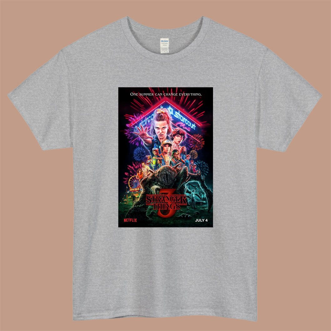 Stranger Things season 3 Logo Mens Unisex Short Sleeve Gray T-Shirt Size S-3XL