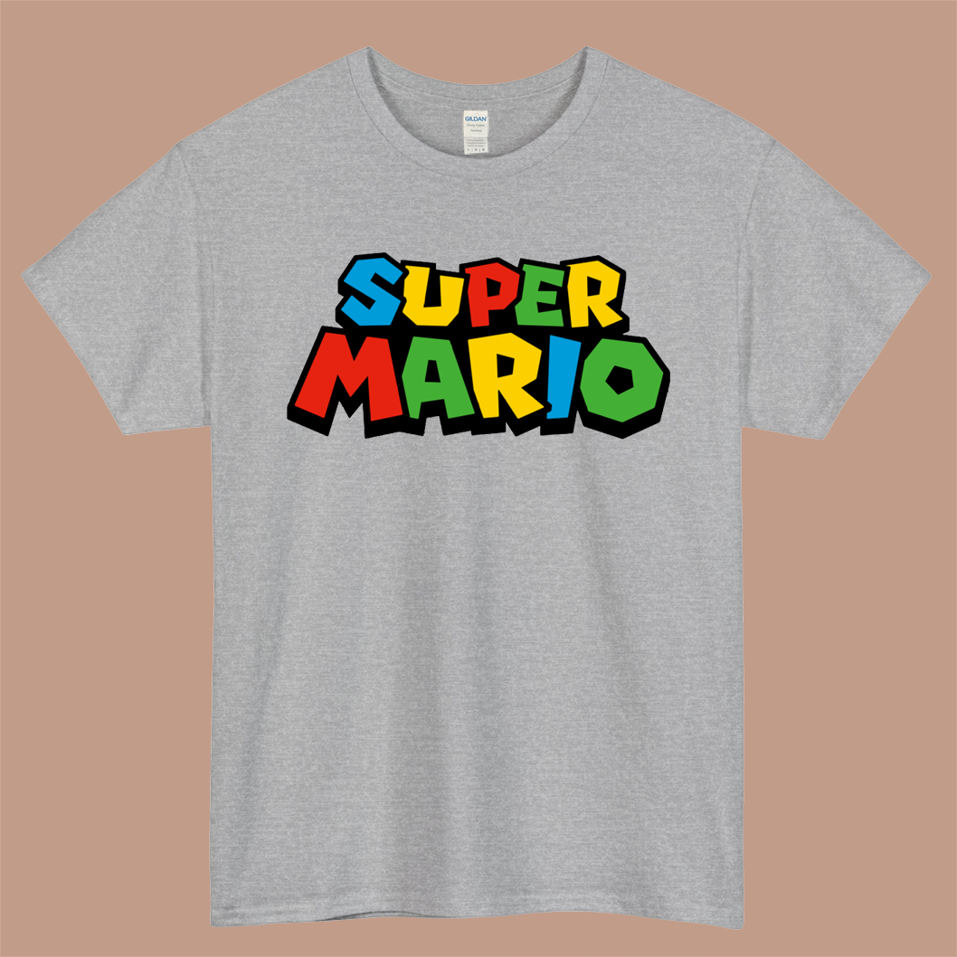 Super Mario Logo Mens Unisex Short Sleeve Gray T-Shirt Size S-3XL